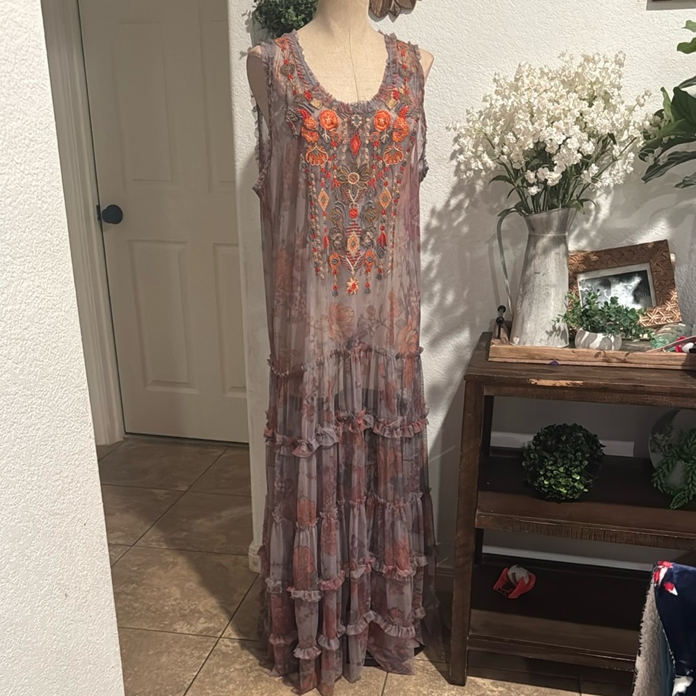 Johnny Was-Embroidered Sleeveless Dress - Gray and Orange